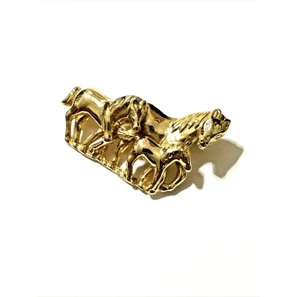 Vintage Horse Family Brooch Glossy Gold Tone Equestrian Statement Pin 2 1/2